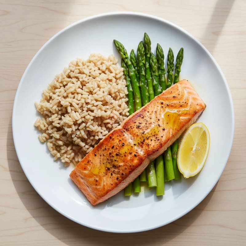 Seared Salmon Fillet with Steamed Asparagus and Brown Rice