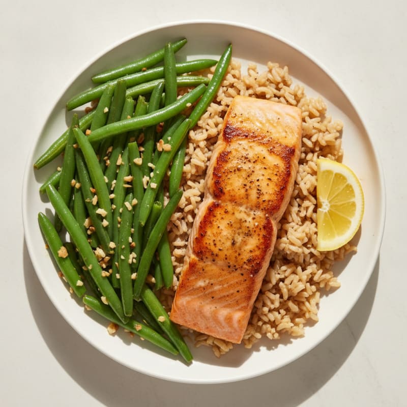 Seared Salmon Fillet with Garlic Green Beans and Brown Rice