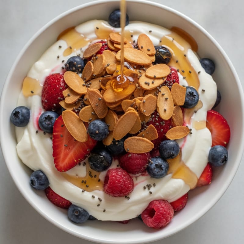 Greek Yogurt Protein Parfait with Mixed Berries and Almonds
