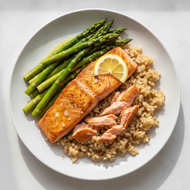Seared Salmon Fillet with Steamed Asparagus and Brown Rice