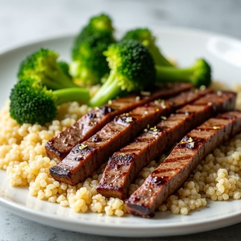 Seared Beef Strips with Steamed Broccoli and Quinoa