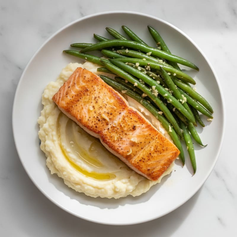 Seared Salmon with Garlic Green Beans and Mashed Cauliflower