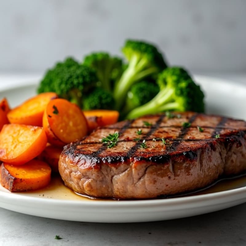 Seared Sirloin Steak with Roasted Sweet Potatoes and Steamed Broccoli