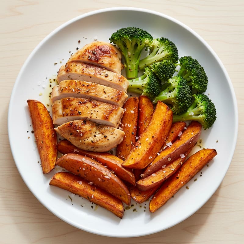 Crispy Roasted Sweet Potato Wedges with Herb Chicken