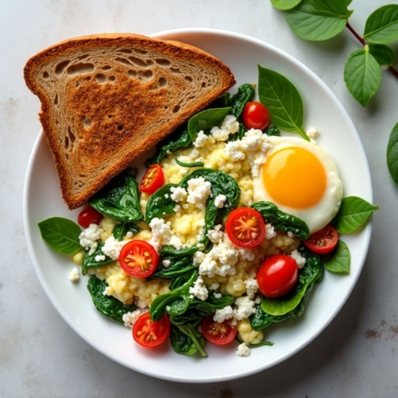 Egg White Spinach Feta Scramble with Cherry Tomatoes