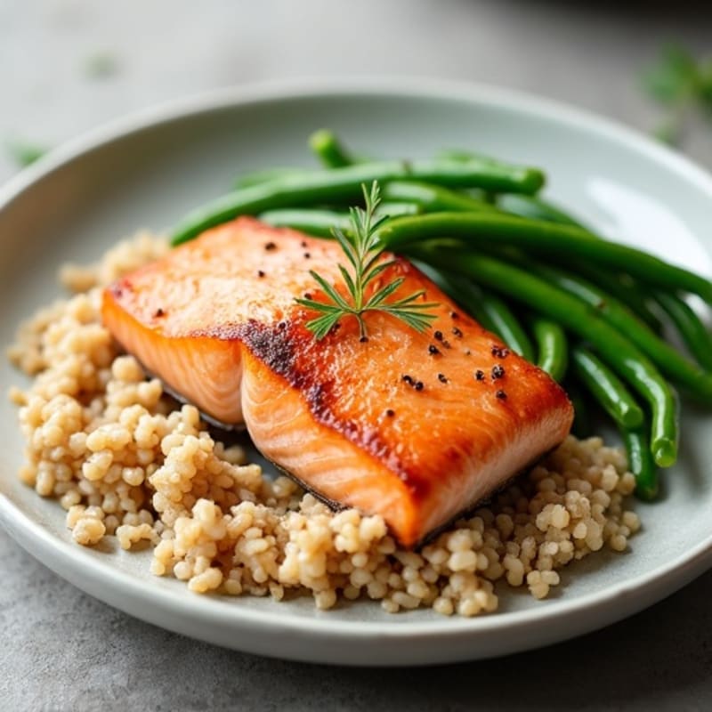 Seared Salmon with Steamed Green Beans and Brown Rice