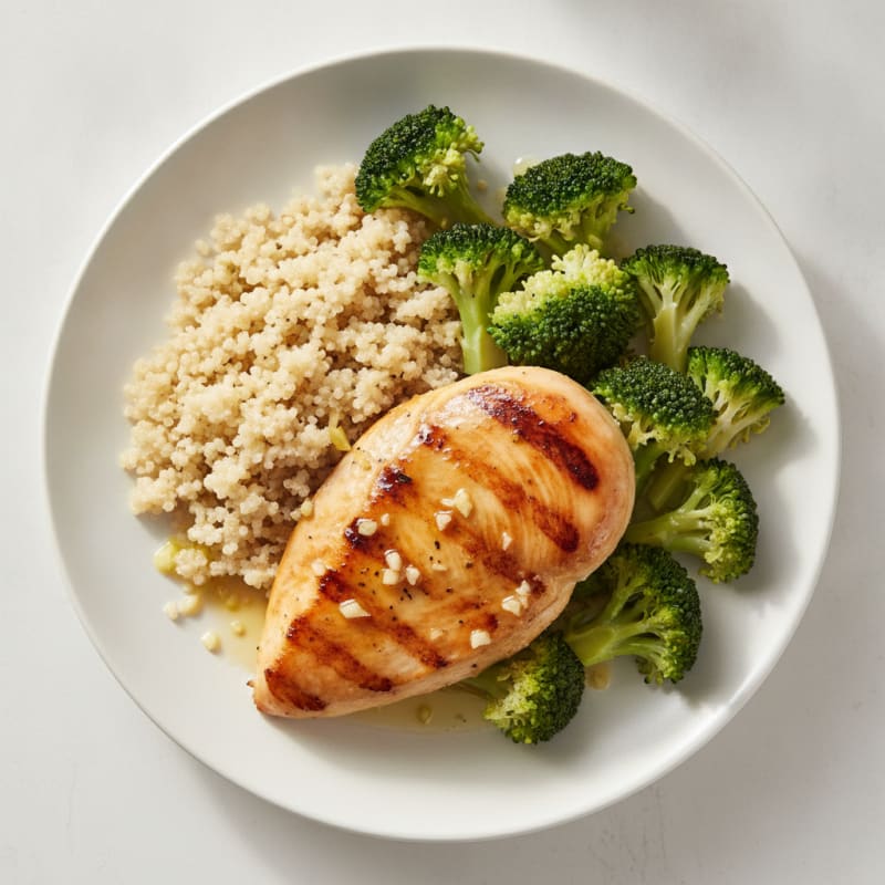 Grilled Lemon-Garlic Chicken Breast with Quinoa and Steamed Broccoli