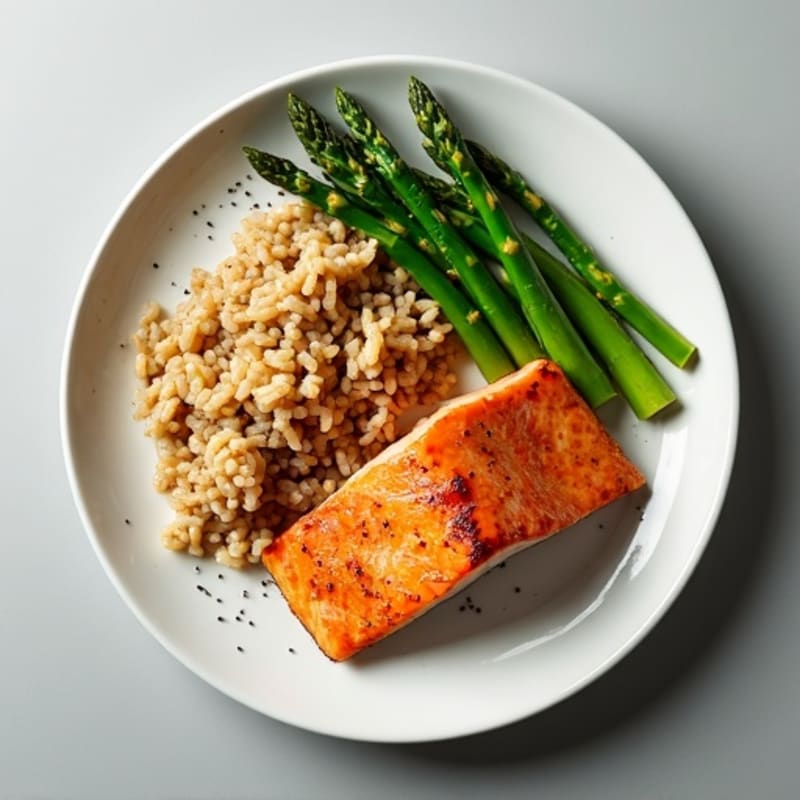Seared Salmon with Steamed Asparagus and Brown Rice
