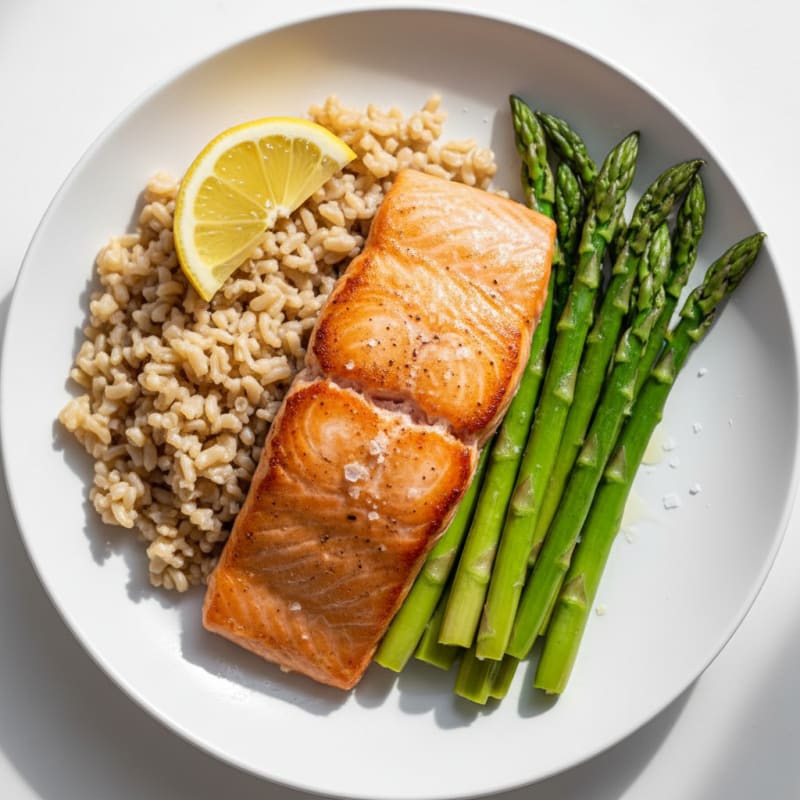 Seared Salmon with Steamed Asparagus and Brown Rice