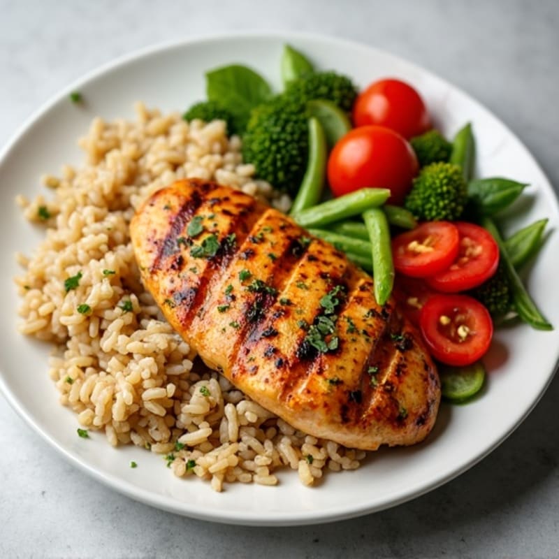 Herb-Seasoned Grilled Chicken with Garden Vegetables and Brown Rice