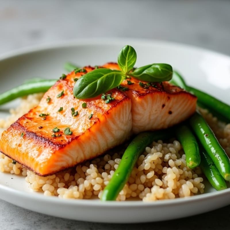 Seared Salmon with Garlic Green Beans and Brown Rice