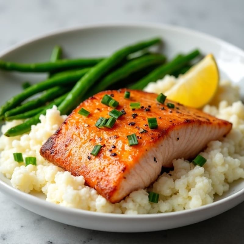 Seared Salmon with Garlic Green Beans and Cauliflower Mash
