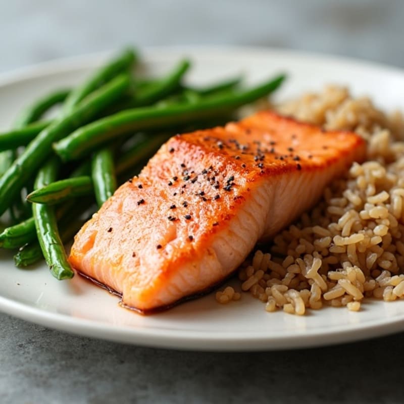 Seared Salmon with Steamed Green Beans and Brown Rice