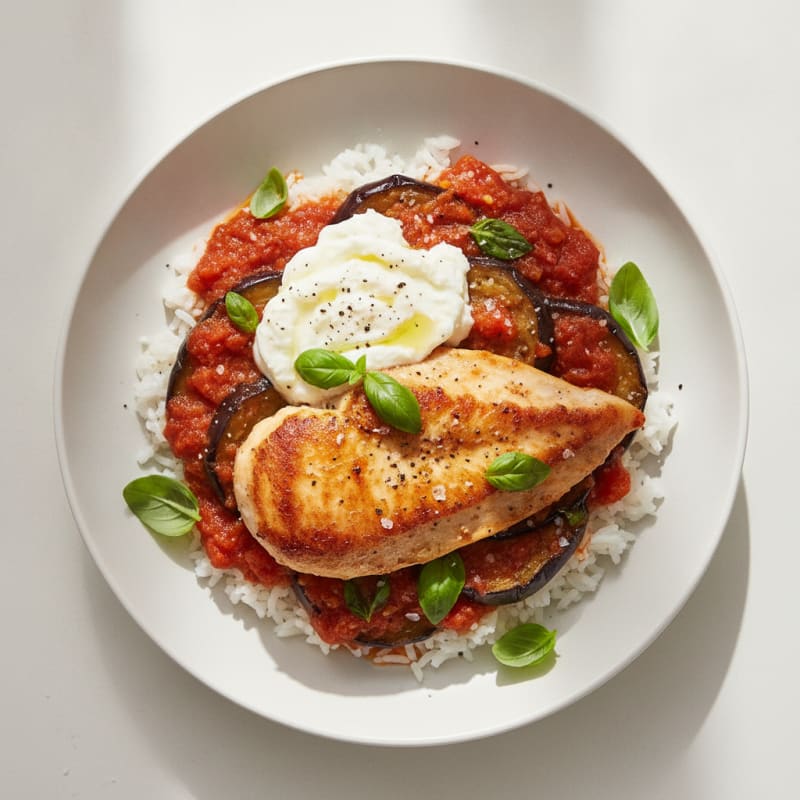 Chicken with Tomato-Basil Sauce, Eggplant, and Goat Cheese