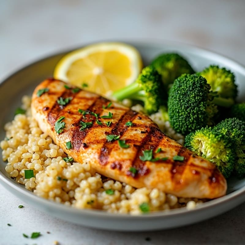 Grilled Lemon Herb Chicken Breast with Quinoa and Roasted Broccoli