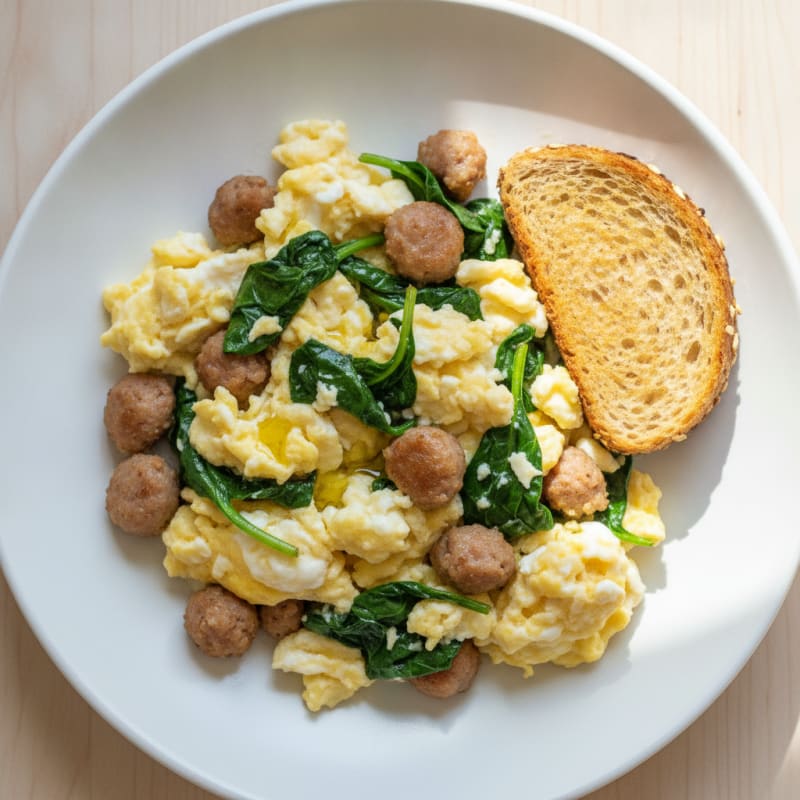 Egg White Spinach Scramble with Turkey Sausage
