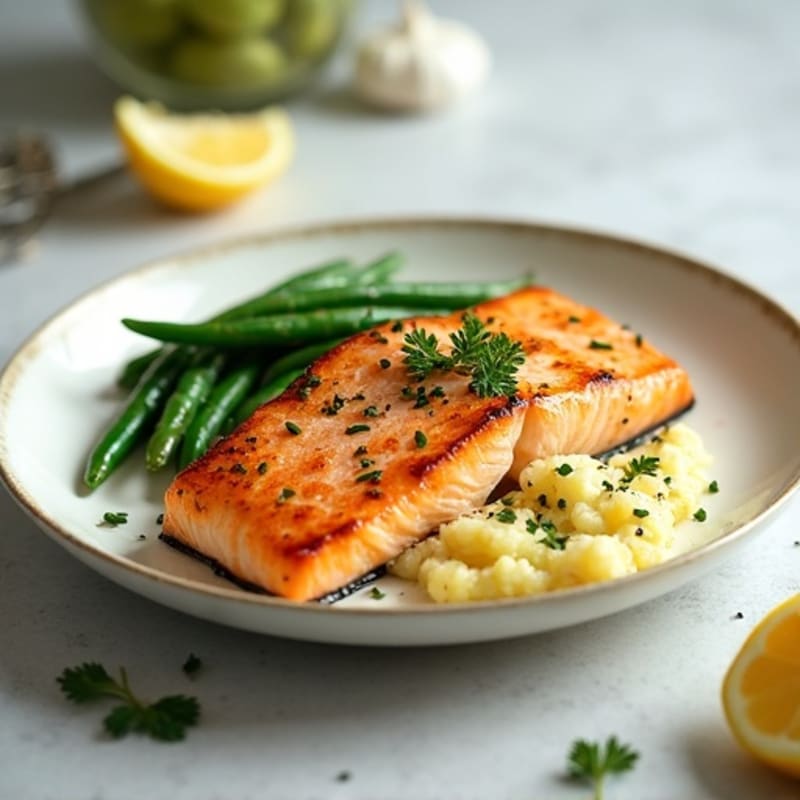Seared Salmon with Garlic Green Beans and Cauliflower Mash