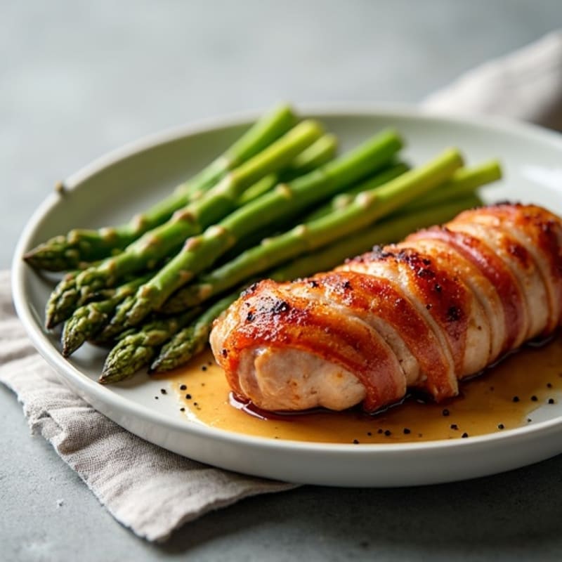 Crispy Bacon-Wrapped Chicken Sausage with Roasted Asparagus