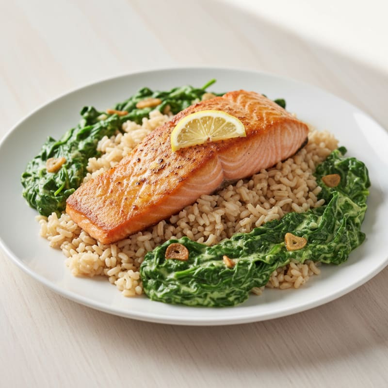 Seared Salmon with Creamy Spinach and Brown Rice