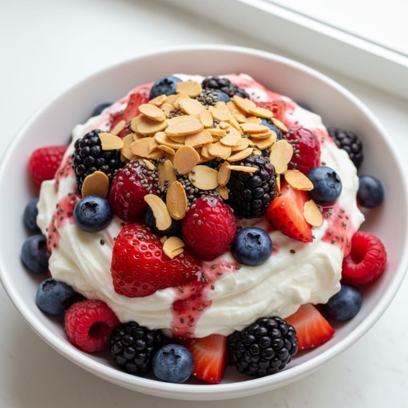 Greek Yogurt Protein Parfait with Mixed Berries and Almonds