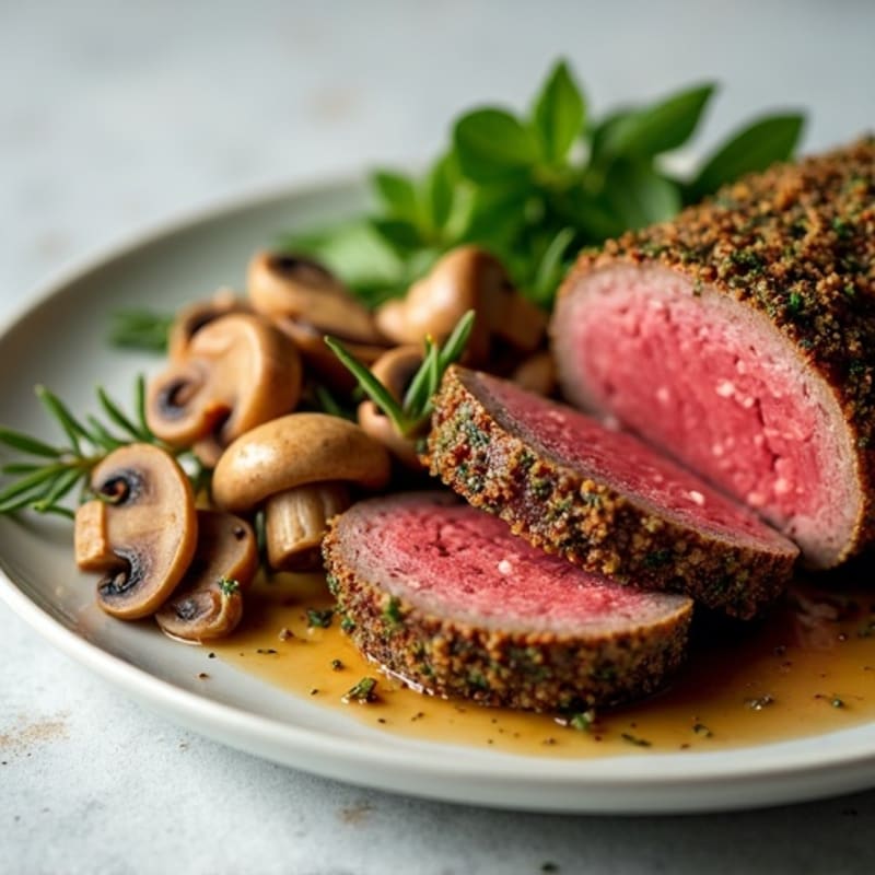 Herb-Crusted Beef Tenderloin with Savory Mushroom Filling
