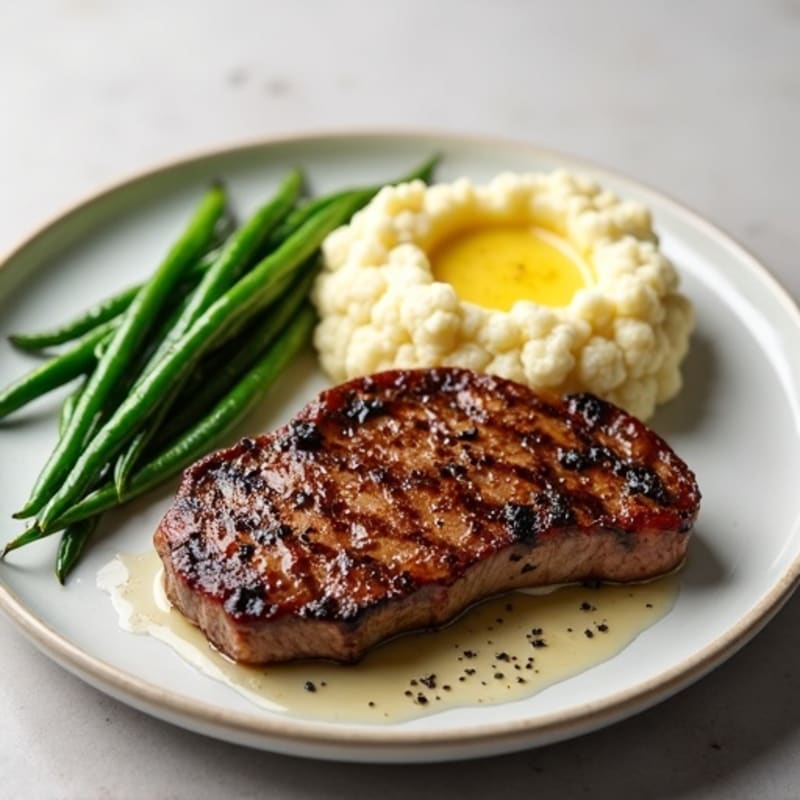Seared Sirloin with Garlic Green Beans and Mashed Cauliflower