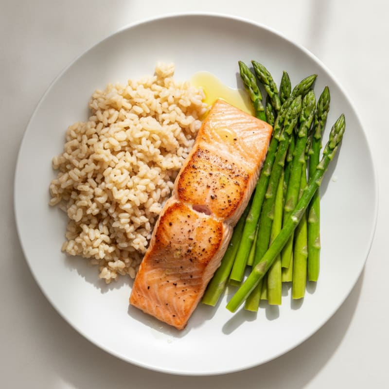 Seared Salmon Fillet with Steamed Asparagus and Brown Rice