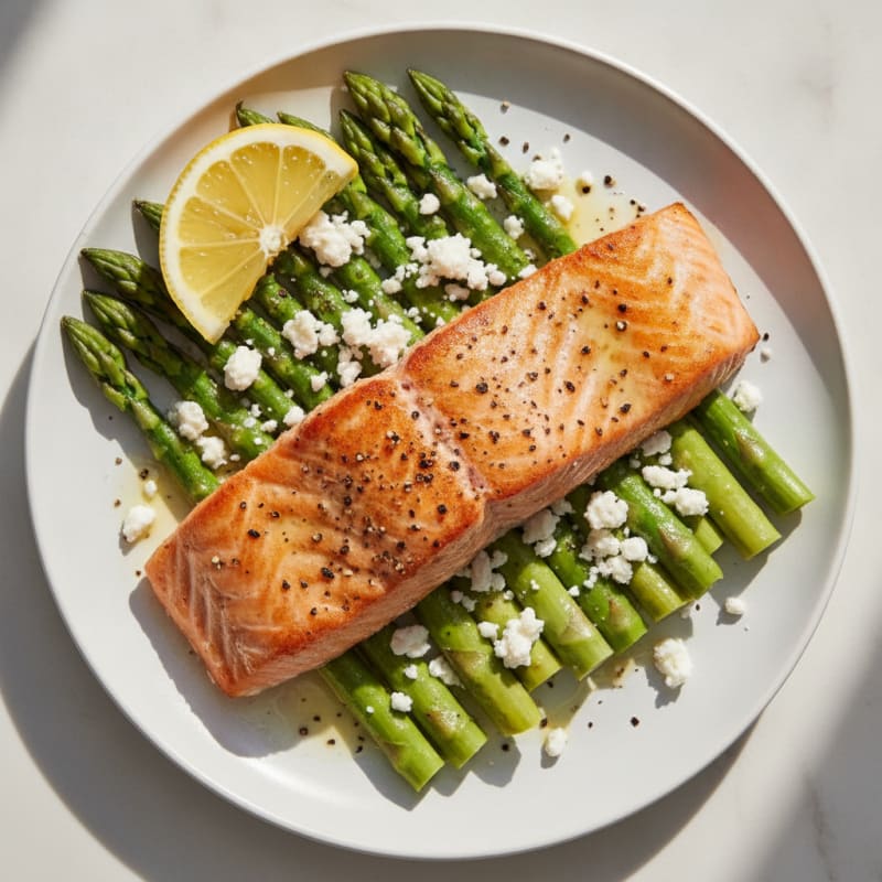 Seared Salmon Fillet with Steamed Asparagus and Feta Crumble
