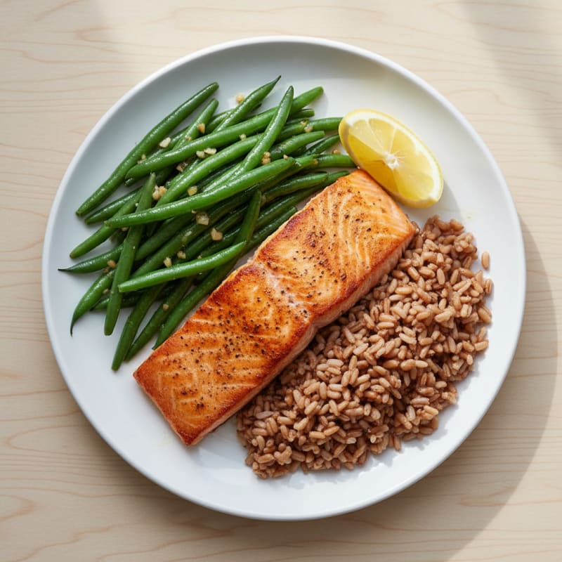 Seared Salmon with Garlic Green Beans and Brown Rice