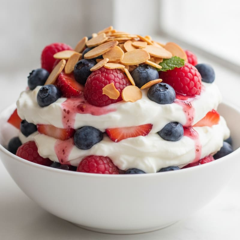 Greek Yogurt Protein Parfait with Mixed Berries and Almonds