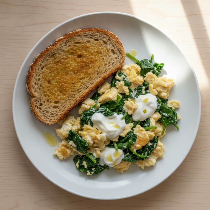 Greek Yogurt and Egg White Scramble with Sautéed Spinach