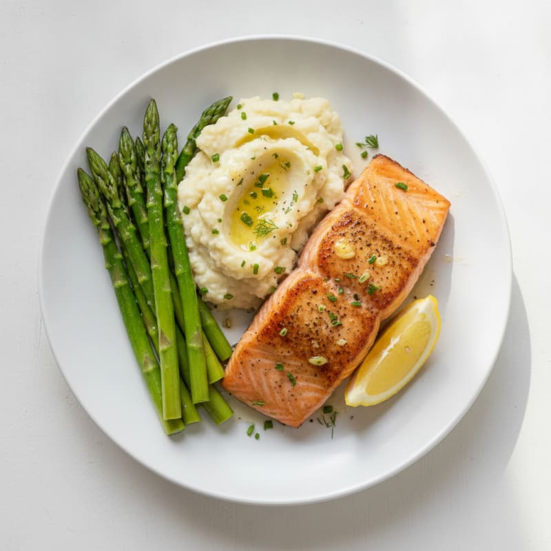 Seared Salmon with Steamed Asparagus and Garlic Mashed Cauliflower