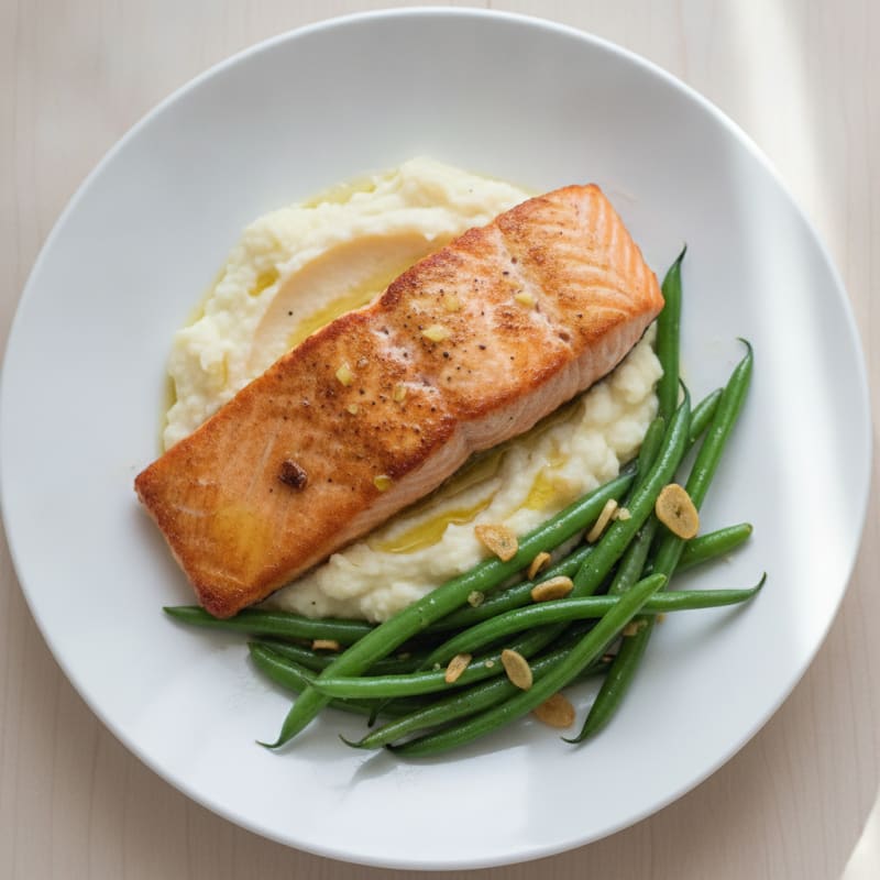 Seared Salmon Fillet with Garlicky Green Beans and Creamy Mashed Cauliflower