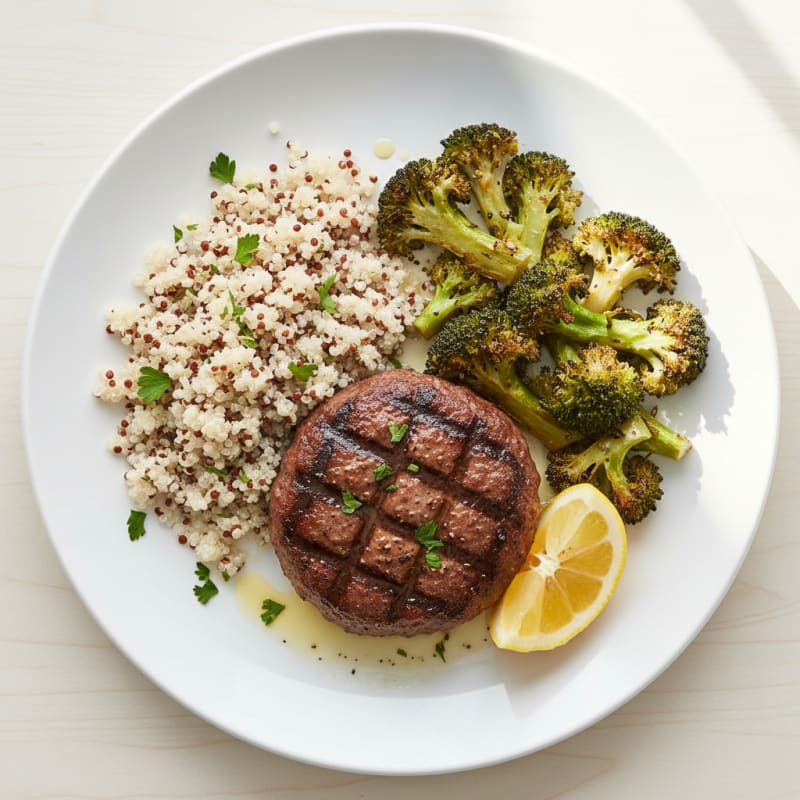 Grilled Hamburger Patty with Roasted Broccoli and Quinoa