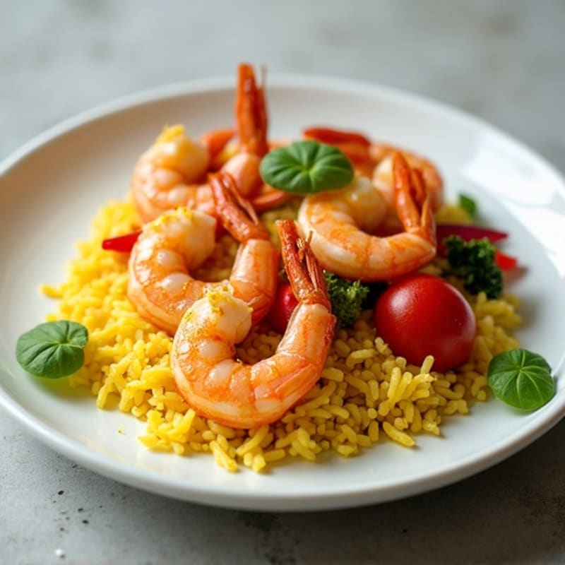 Seafood with Saffron Rice and Roasted Vegetables