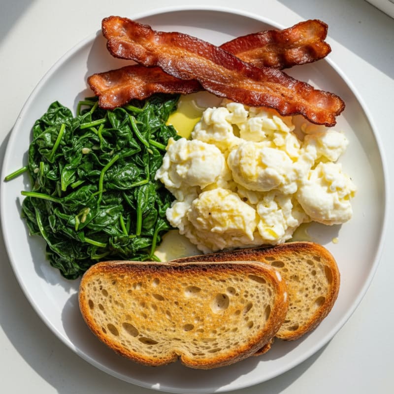 Scrambled Egg Whites with Turkey Bacon and Sautéed Spinach