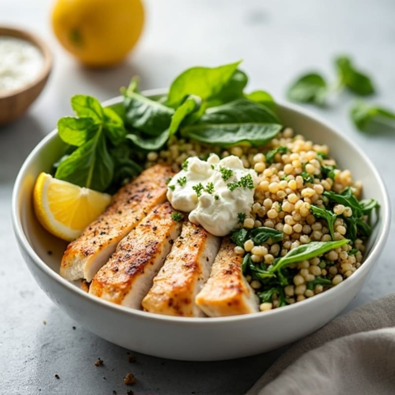 Lemon-Herb Roasted Chicken Power Bowl with Fresh Greens and Creamy Feta Dressing