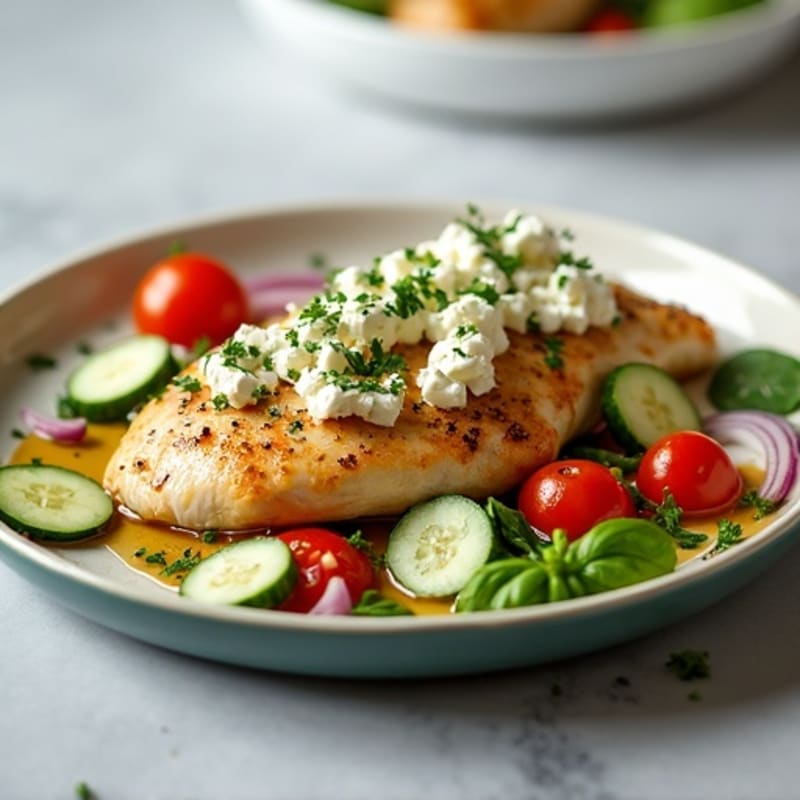 Lemon-Herb Pan-Seared Chicken with Crisp Feta and Fresh Chopped Vegetables