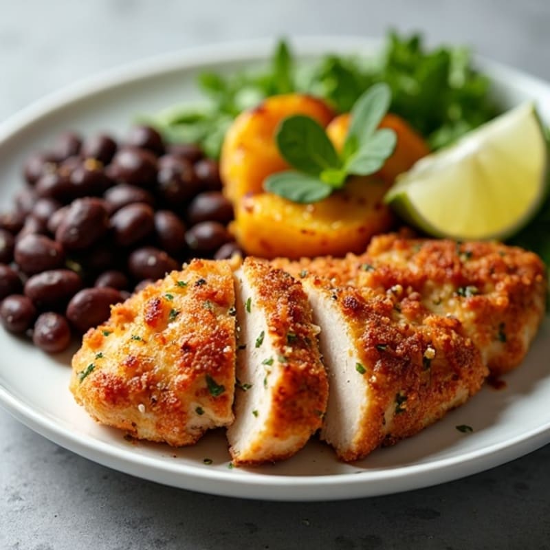Crispy Cilantro Lime Chicken with Black Beans and Roasted Sweet Plantains