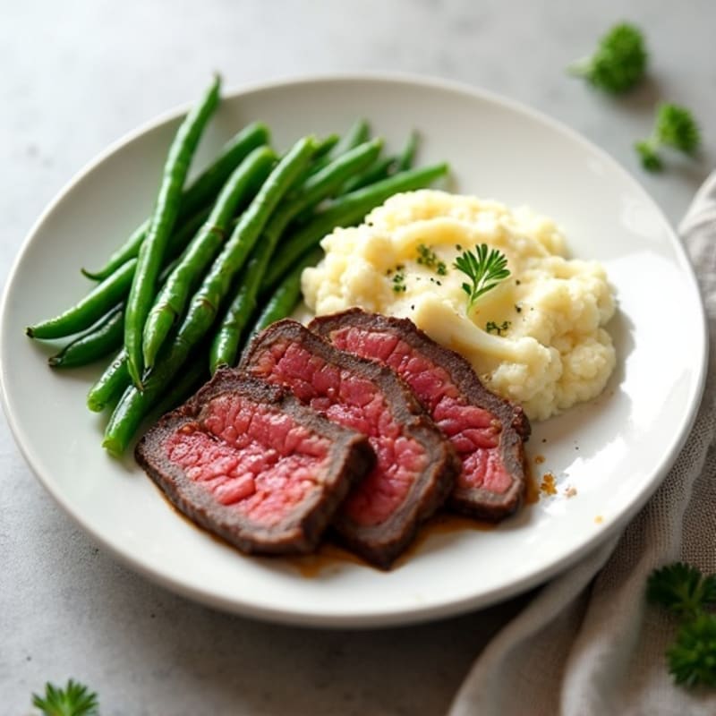Seared Lean Beef Strips with Steamed Green Beans and Cauliflower Mash