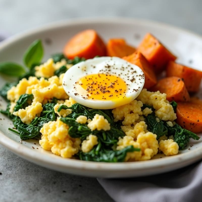 Cottage Cheese Scramble with Spinach and Roasted Sweet Potato