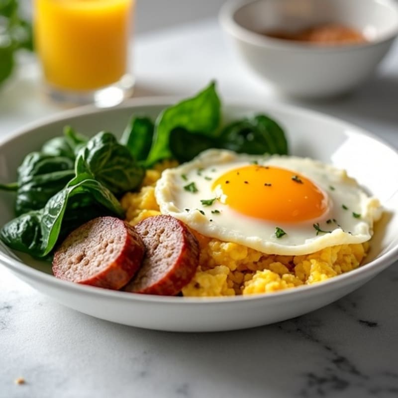 Egg White and Turkey Sausage Scramble with Sautéed Spinach