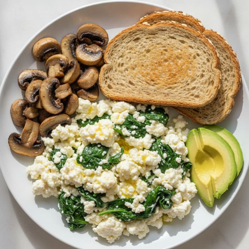 Egg White and Spinach Scramble with Cottage Cheese and Sautéed Mushrooms