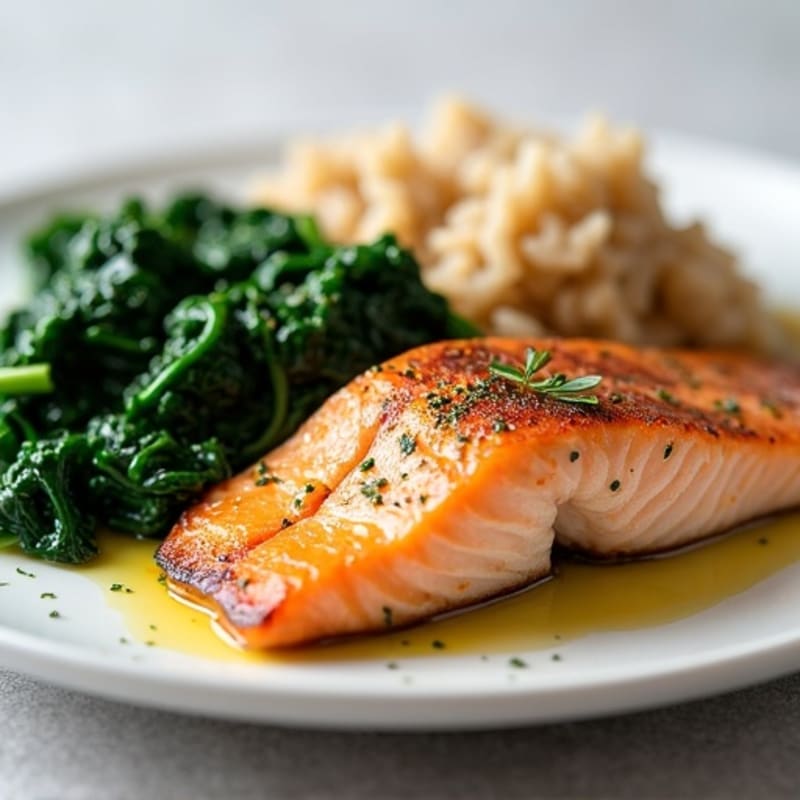 Seared Salmon Fillet with Garlic Sautéed Spinach and Brown Rice