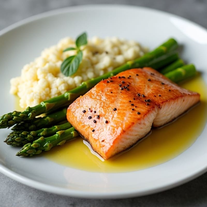Seared Salmon with Steamed Asparagus and Cauliflower Mash
