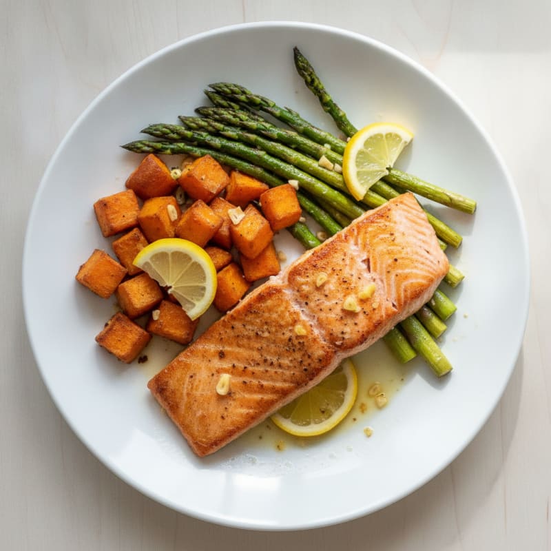 Seared Salmon Fillet with Roasted Sweet Potato and Asparagus