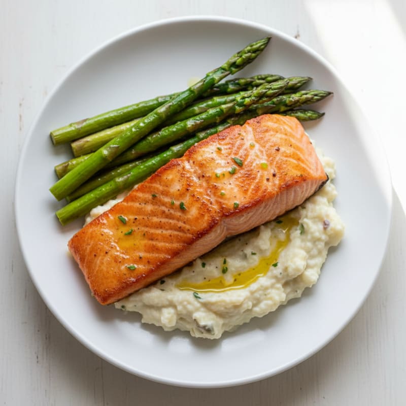 Seared Salmon Fillet with Roasted Asparagus and Cauliflower Mash