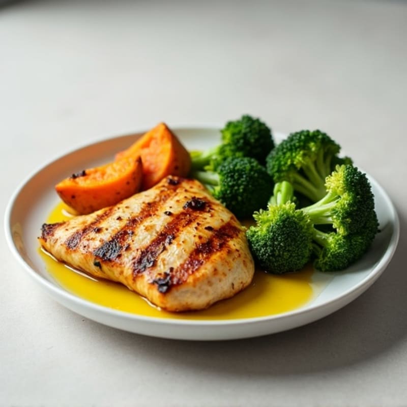 Grilled Chicken Breast with Roasted Sweet Potatoes and Steamed Broccoli
