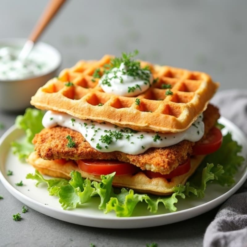 Crispy Protein Waffle Sandwich with Creamy Herbed Chicken