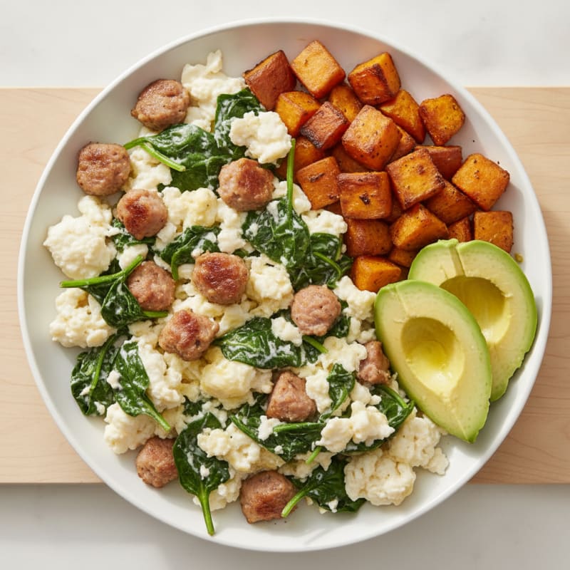 Egg White Scramble with Turkey Sausage and Spinach